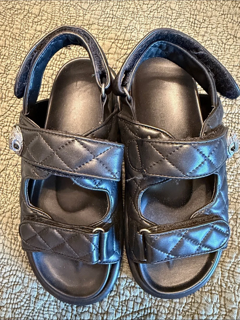 Kurt Geiger Black Quilted Leather Sandals with Silver Button Accent